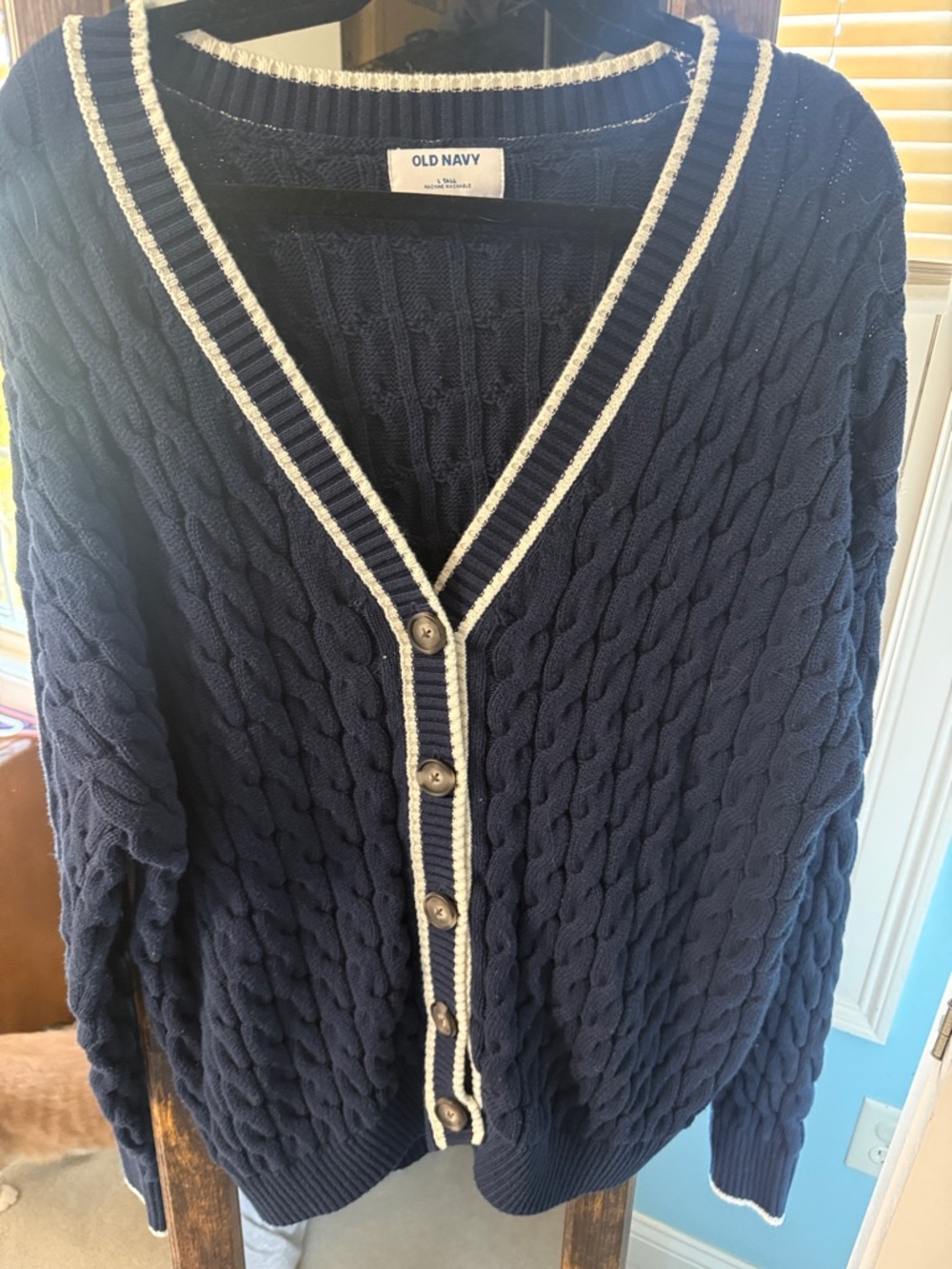 Old Navy Navy Cable-Knit Cardigan with Cream Trim